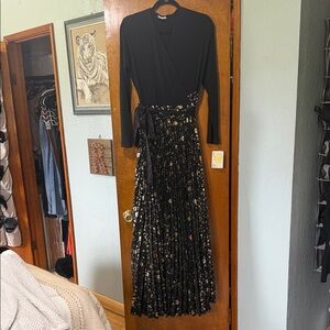 LuLaRoe Black Maxi Dress with Gold Floral Print NWT